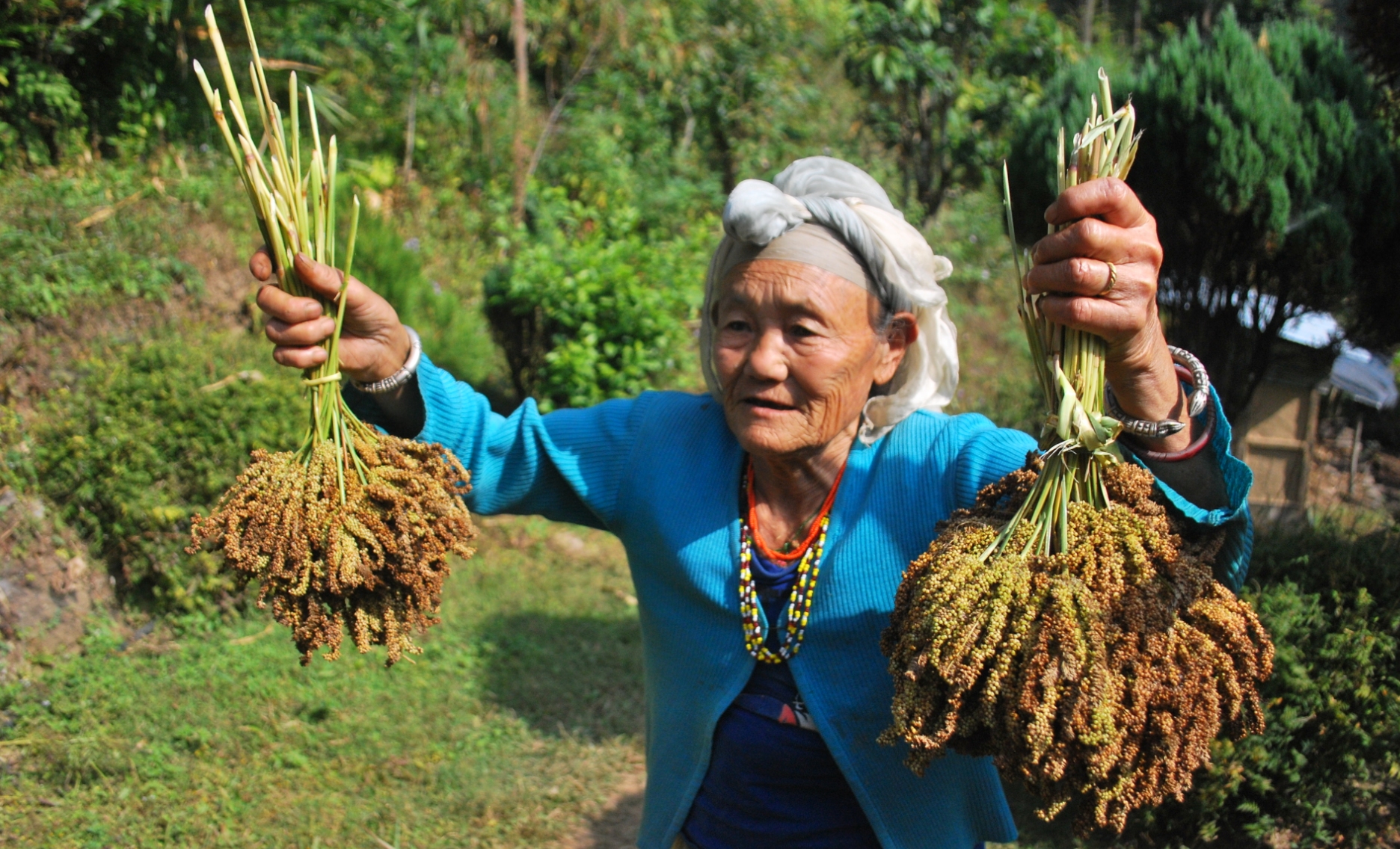 An elderly woman in a field holds crops in the air with both hands