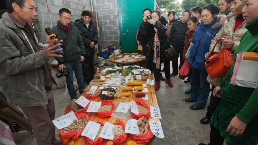 People gather around a display of seeds